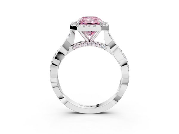 Platinum Fancy Pink Radiant  Halo Twist Band Solitaire Ring