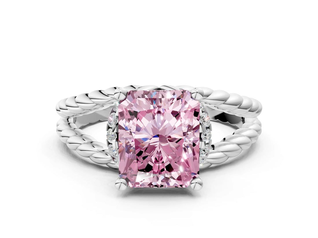 White gold Fancy Pink Radiant  Halo Twisted Band Four-Prong Ring_32