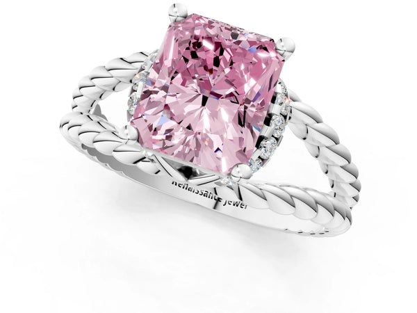 Platinum Radiant Cut Engagement Ring Setting for Fancy Pink Center with Rope Split Shank