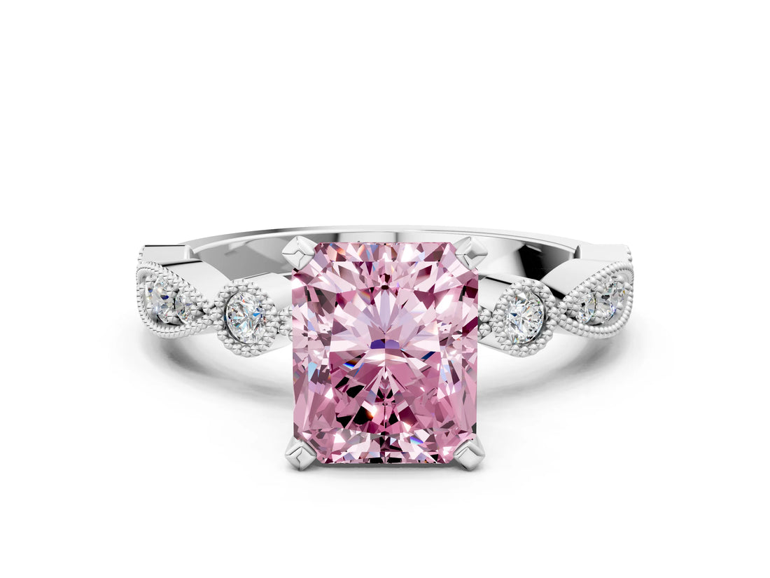 White gold Fancy Pink Radiant  Milgrain Bezel Diamond Engagement Ring with Solitaire Prong Setting_173