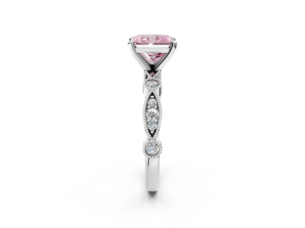 White gold Fancy Pink Radiant  Milgrain Bezel Diamond Engagement Ring with Solitaire Prong Setting