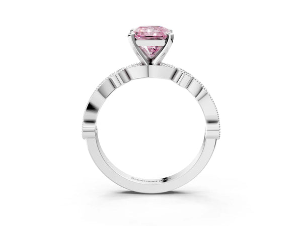 White gold Fancy Pink Radiant  Milgrain Bezel Diamond Engagement Ring with Solitaire Prong Setting