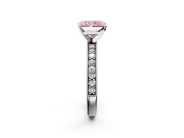 White gold Fancy Pink Radiant Cut Diamond Milgrain Pavé Engagement Ring with Four-Prong Setting