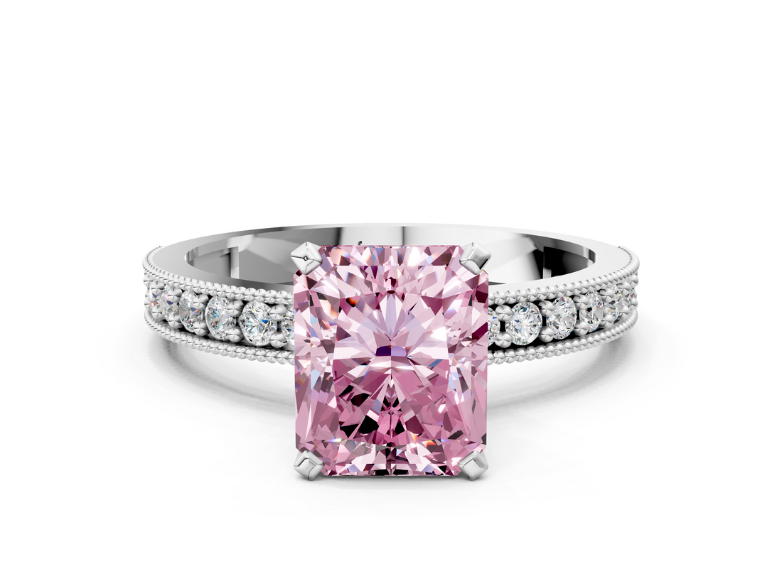 White gold Fancy Pink Radiant  Milgrain Pave Diamond Engagement Ring with Four-Prong Setting_169