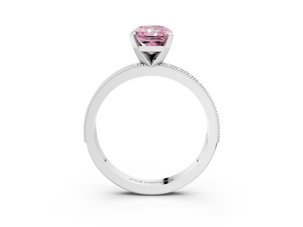 White gold Fancy Pink Radiant Cut Diamond Milgrain Pavé Engagement Ring with Four-Prong Setting