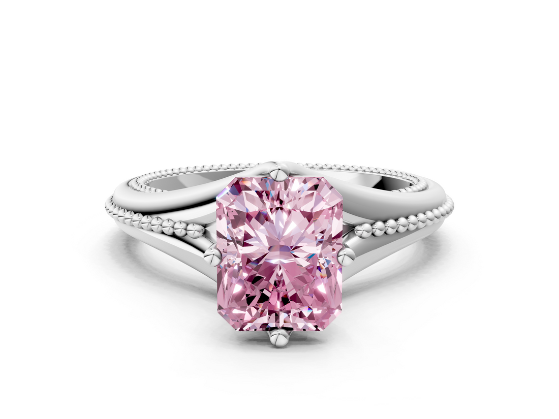 White gold Fancy Pink Radiant  Solitaire Beaded Band Six-Prong Setting