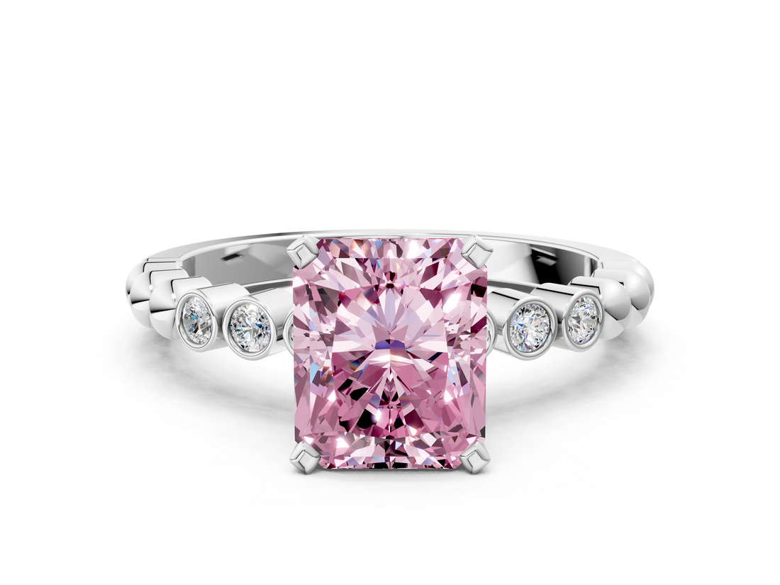 White gold Fancy Pink Radiant  Solitaire Bezel Accent Diamond Engagement Ring with Beaded Band and Four-Prong Setting_24