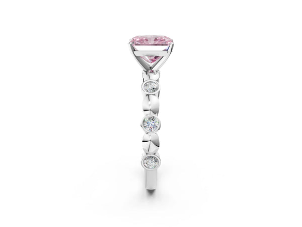 Platinum Fancy Pink Radiant  Solitaire Bezel-Set Diamond Ring with Beaded Band and Four-Prong Setting