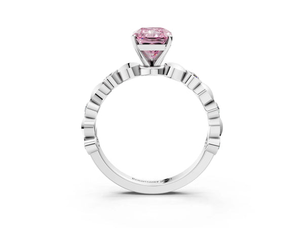Platinum Fancy Pink Radiant  Solitaire Bezel-Set Diamond Ring with Beaded Band and Four-Prong Setting