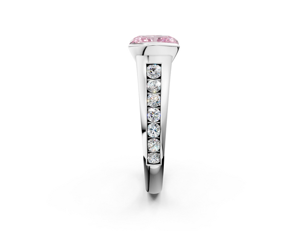 Platinum Fancy Pink Radiant  Solitaire Bezel-Set Diamond Ring with Channel-Set Band