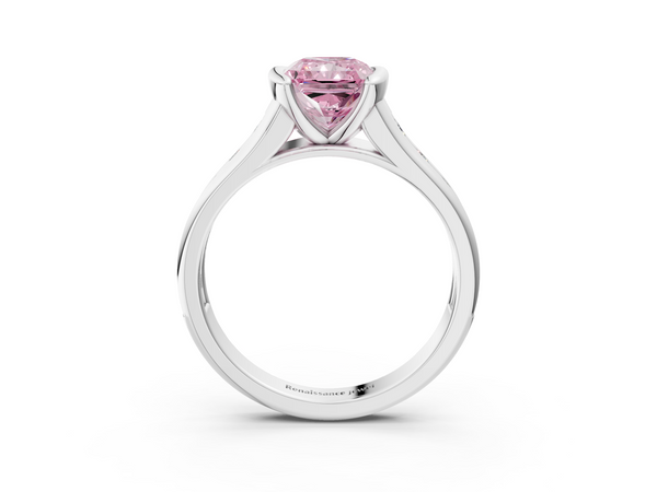 Platinum Fancy Pink Radiant  Solitaire Bezel-Set Diamond Ring with Channel-Set Band