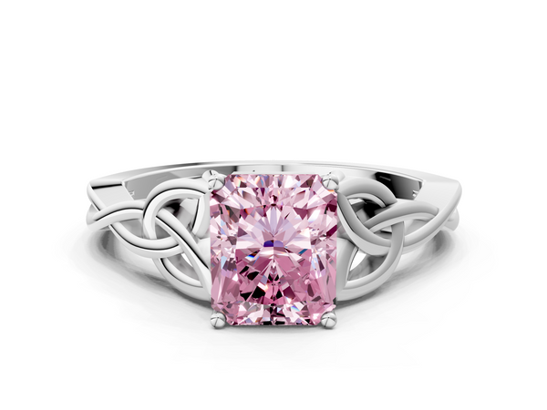 White gold Fancy Pink Radiant Cut Diamond Solitaire Engagement Ring with Celtic Knot Band and Four-Prong Setting