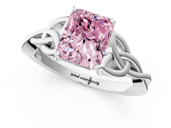 White gold Fancy Pink Radiant Cut Diamond Solitaire Engagement Ring with Celtic Knot Band and Four-Prong Setting