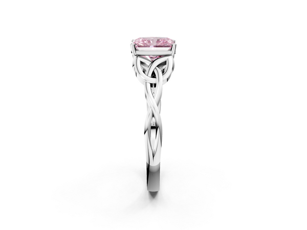 White gold Fancy Pink Radiant Cut Diamond Solitaire Engagement Ring with Celtic Knot Band and Four-Prong Setting