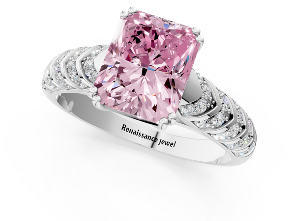 White Gold Radiant Cut Chevron Pave Solitaire Engagement Ring Setting for Fancy Pink Center