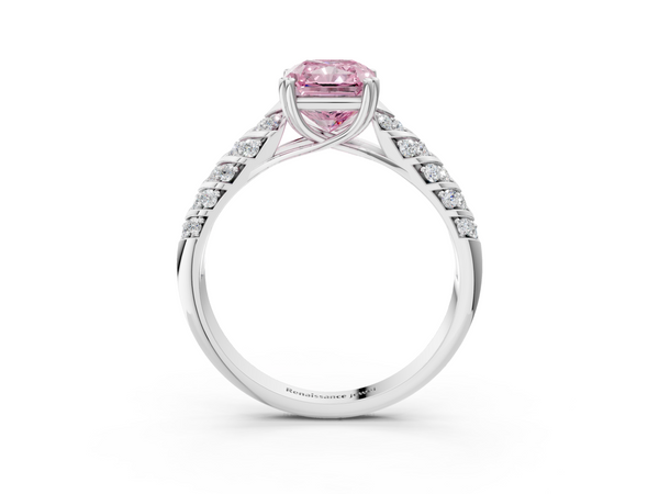 White Gold Radiant Cut Chevron Pave Solitaire Engagement Ring Setting for Fancy Pink Center