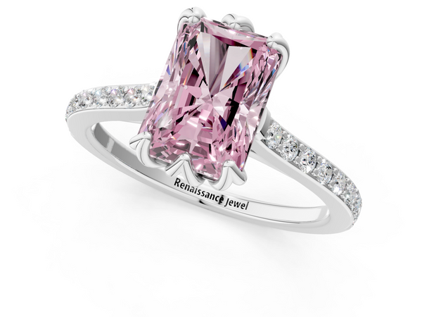 Platinum Fancy Pink Radiant  Solitaire Diamond Engagement Ring with Pave Band and Six-Prong Setting