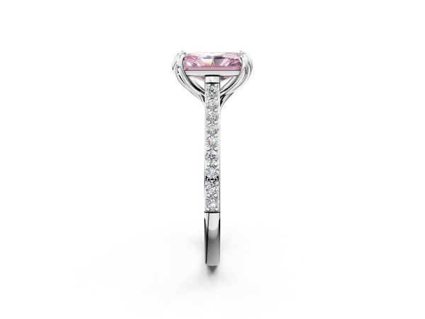 Platinum Fancy Pink Radiant  Solitaire Diamond Engagement Ring with Pave Band and Six-Prong Setting