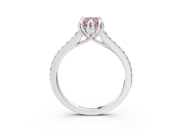 Platinum Fancy Pink Radiant  Solitaire Diamond Engagement Ring with Pave Band and Six-Prong Setting