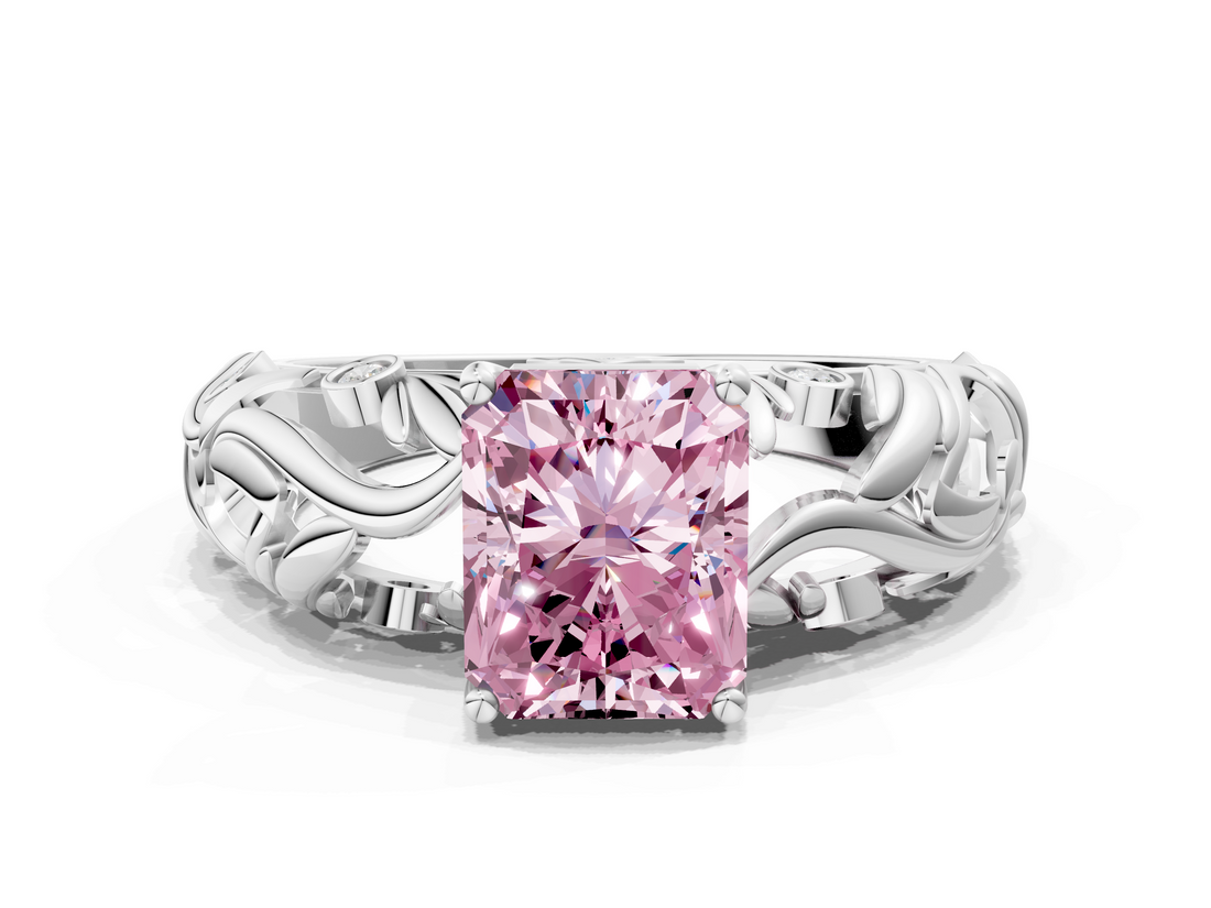 White gold Fancy Pink Radiant  Solitaire Diamond Leaf Vine Band with Prong Setting_42