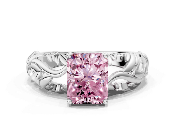 Platinum Fancy Pink Radiant Cut Solitaire Diamond Leaf-Inspired Vine Band Ring with Prong Setting