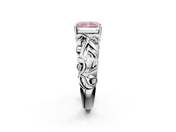 Platinum Fancy Pink Radiant Cut Solitaire Diamond Leaf-Inspired Vine Band Ring with Prong Setting