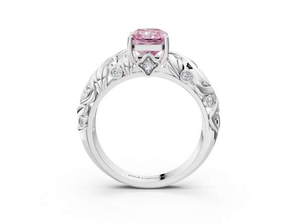 Platinum Fancy Pink Radiant Cut Solitaire Diamond Leaf-Inspired Vine Band Ring with Prong Setting