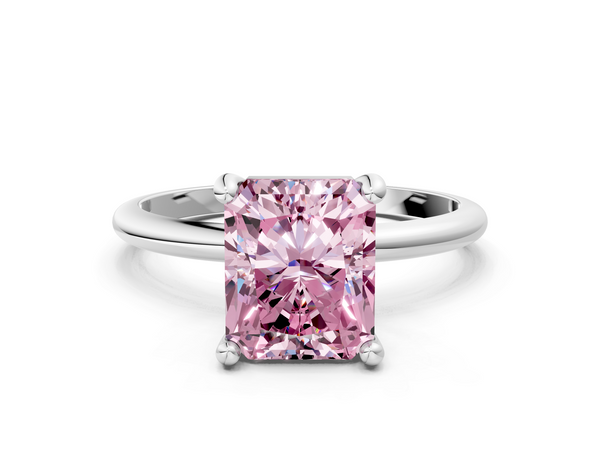 Platinum Fancy Pink Radiant  Solitaire Diamond Ring with 4-Prong Setting on a Classic Band