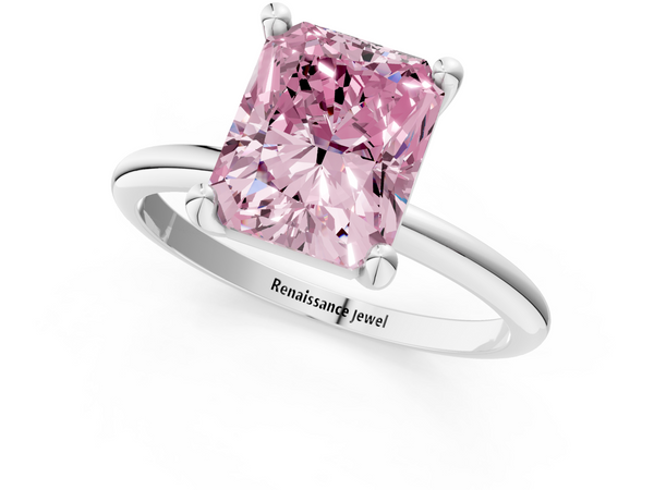 Platinum Fancy Pink Radiant  Solitaire Diamond Ring with 4-Prong Setting on a Classic Band