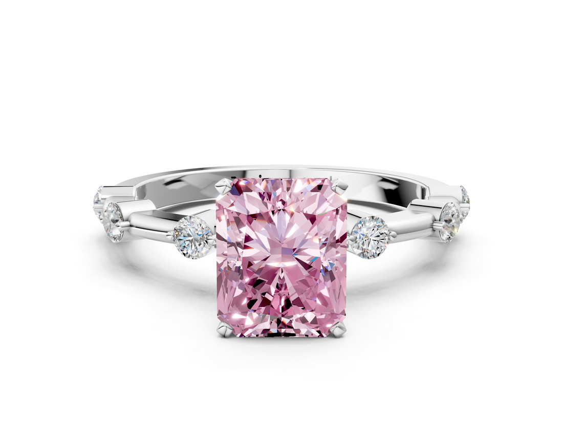 White gold Fancy Pink Radiant  Solitaire Diamond Ring with Bezel Set Side Stones and Prong Setting_3
