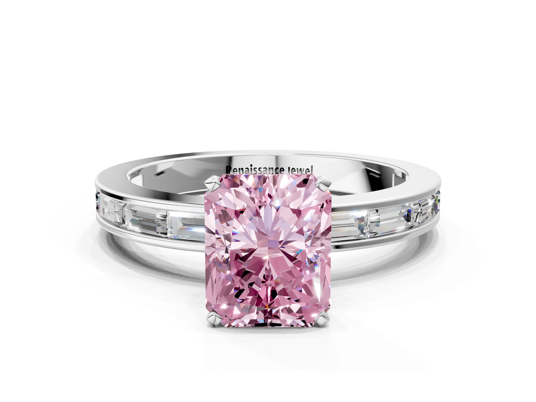 White gold Fancy Pink Radiant  Solitaire Diamond Ring with Channel-Set Baguette Band and Four-Prong Setting_109