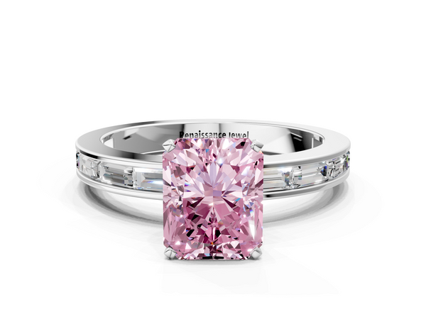 White gold Fancy Pink Radiant  Solitaire Diamond Ring with Channel-Set Baguette Band and Four-Prong Setting