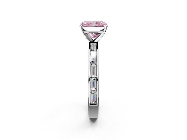 White gold Fancy Pink Radiant  Solitaire Diamond Ring with Channel-Set Baguette Band and Four-Prong Setting