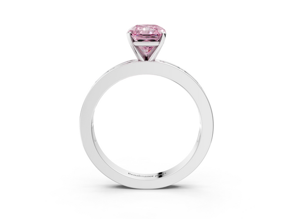 White gold Fancy Pink Radiant  Solitaire Diamond Ring with Channel-Set Baguette Band and Four-Prong Setting