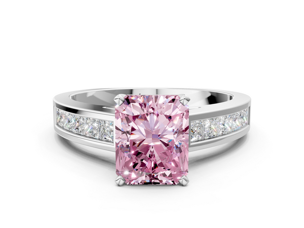 Platinum Fancy Pink Radiant  Solitaire Diamond Ring with Channel-Set Band and Four-Prong Setting