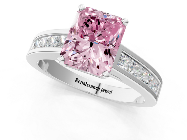 Platinum Fancy Pink Radiant  Solitaire Diamond Ring with Channel-Set Band and Four-Prong Setting