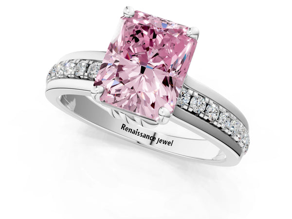 Platinum Fancy Pink Radiant  Solitaire Diamond Ring with Channel Set Band and Six-Prong Setting