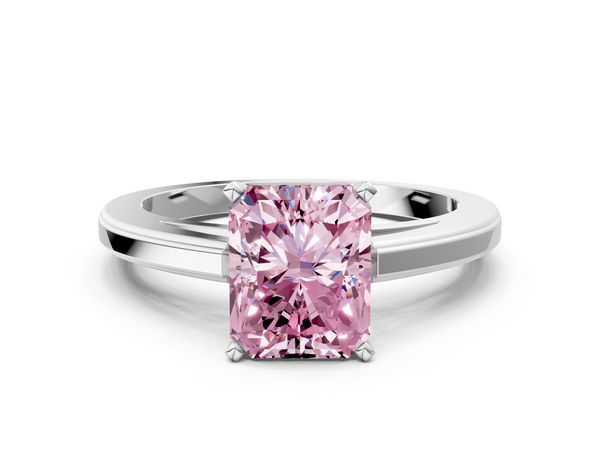 White gold Fancy Pink Radiant  Solitaire Diamond Ring with Four-Prong Setting and Classic Band