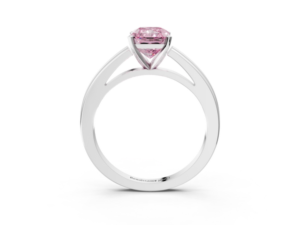 White gold Fancy Pink Radiant  Solitaire Diamond Ring with Four-Prong Setting and Classic Band