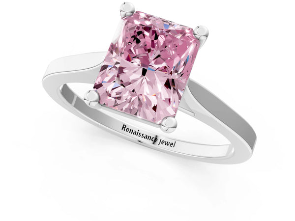 White gold Fancy Pink Radiant  Solitaire Diamond Ring with Four-Prong Setting and Tapered Band
