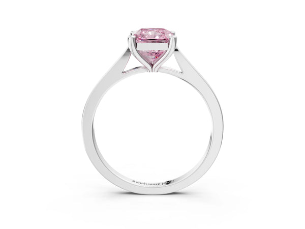 White gold Fancy Pink Radiant  Solitaire Diamond Ring with Four-Prong Setting and Tapered Band