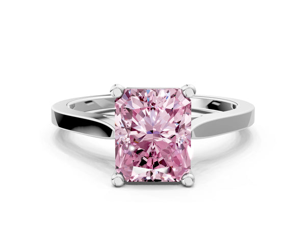 White gold Fancy Pink Radiant  Solitaire Diamond Ring with Four-Prong Setting and Tapered Band