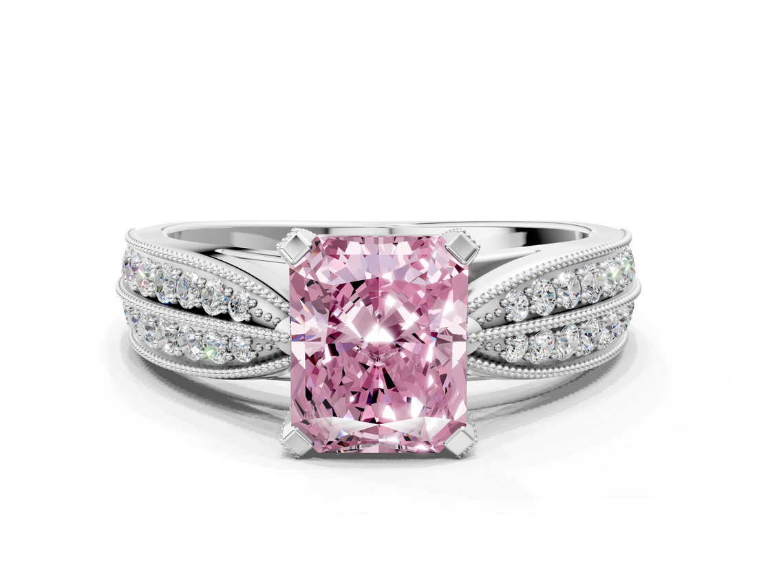 White gold Fancy Pink Radiant  Solitaire Diamond Ring with Milgrain Pavé Band and Four-Prong Setting_29