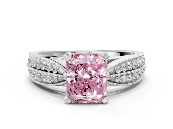 Platinum Fancy Pink Radiant  Solitaire Diamond Ring with Milgrain Pavé Band and Four-Prong Setting