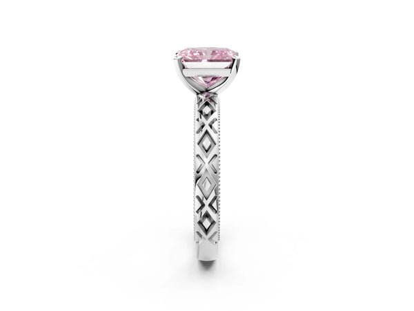 White gold Fancy Pink Radiant  Solitaire Diamond Ring with Milgrain and Black Enamel X Pattern Band