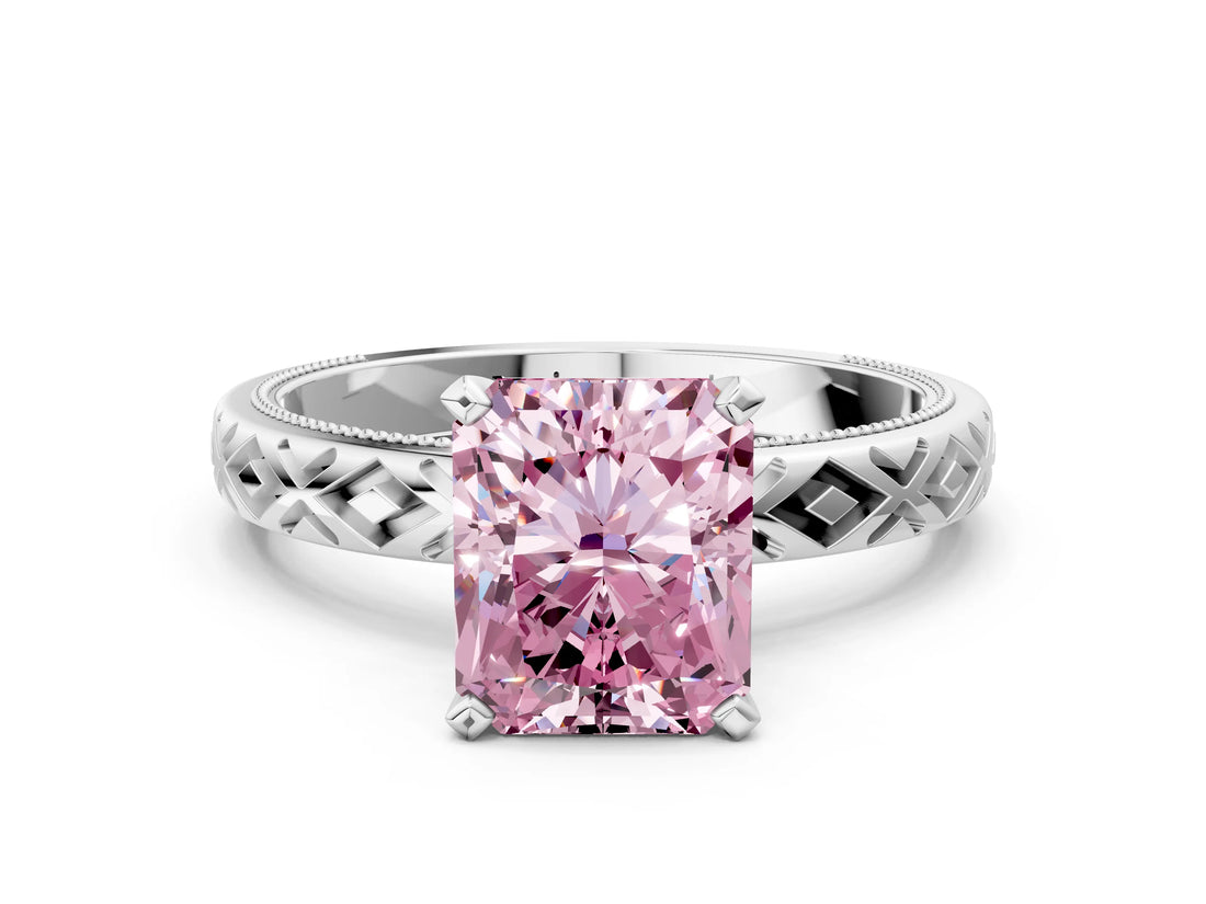 White gold Fancy Pink Radiant  Solitaire Diamond Ring with Milgrain and Black Enamel X Pattern Band_251