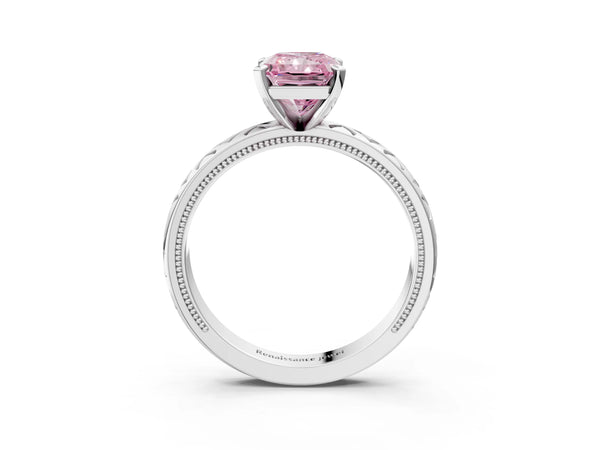 White gold Fancy Pink Radiant  Solitaire Diamond Ring with Milgrain and Black Enamel X Pattern Band