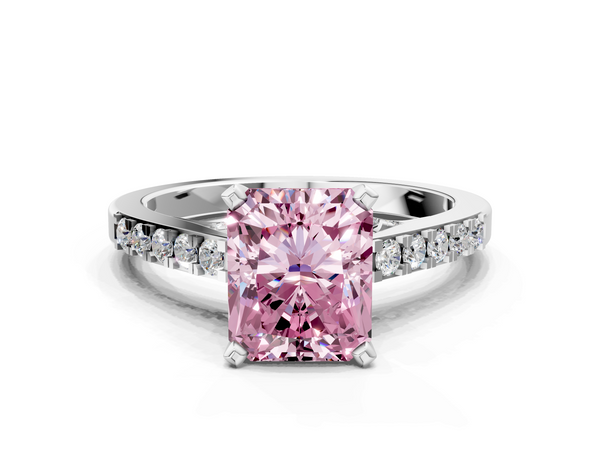 Platinum Fancy Pink Radiant  Diamond Solitaire Ring with Pavé Band and Prong Setting
