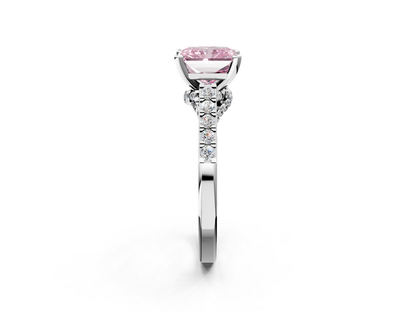 Platinum Fancy Pink Radiant  Diamond Solitaire Ring with Pavé Band and Prong Setting