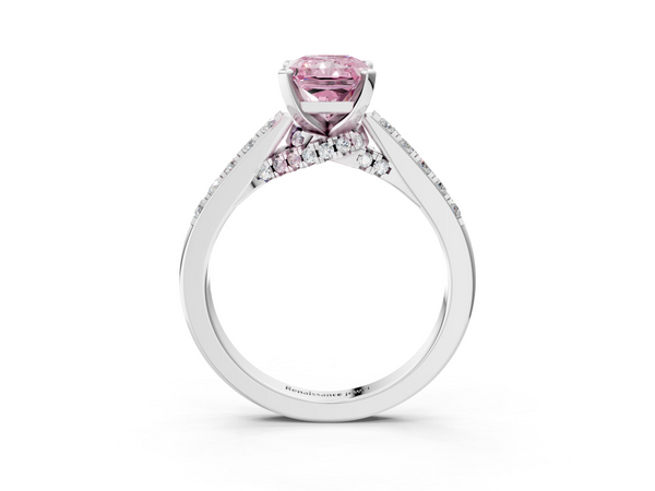 Platinum Fancy Pink Radiant  Diamond Solitaire Ring with Pavé Band and Prong Setting